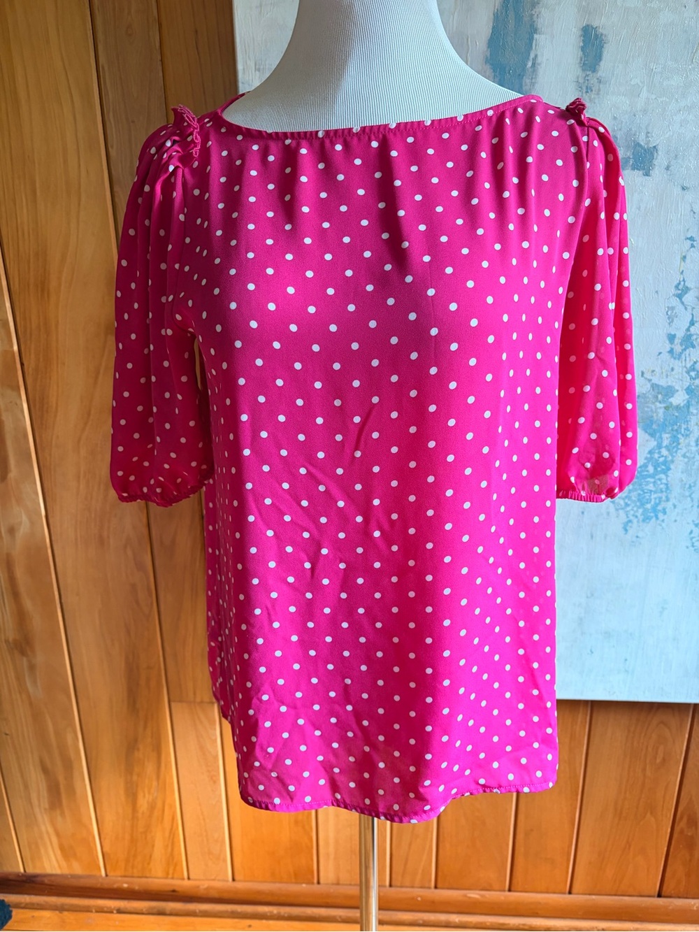 Ann Taylor Bright Pink Polka Dot Blouse. Size Medium. Adorable.